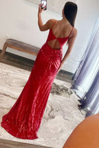 Dazzling Red Sequin Plunge V Backless Mermaid Maxi Dress with Slit BM bride