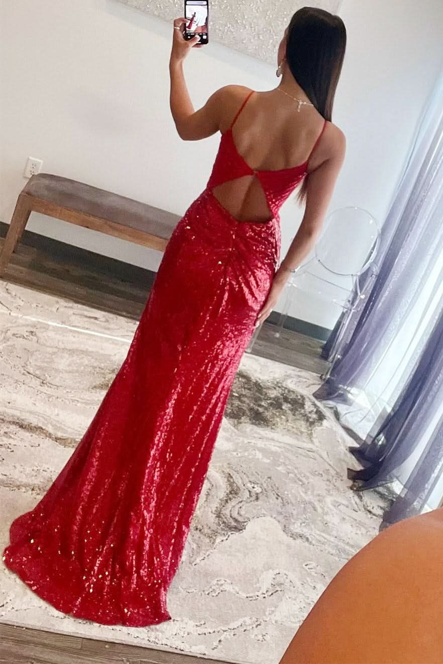 Dazzling Red Sequin Plunge V Backless Mermaid Maxi Dress with Slit BM bride