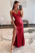 Dazzling Red Sequin Plunge V Backless Mermaid Maxi Dress with Slit BM bride