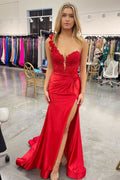 Striking Red One-Shoulder 3D Floral Lace Pleated Long Gown with Slit BM bride