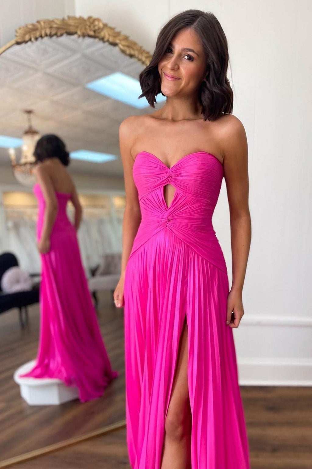 Eye-Catching Hot Pink Strapless Keyhole Pleated A-Line Prom Dress BM bride