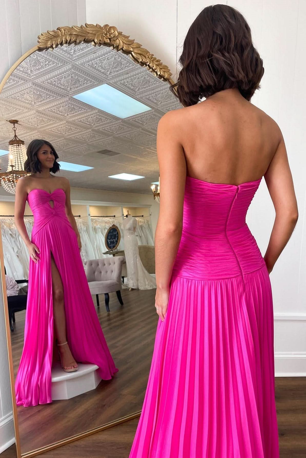 Eye-Catching Hot Pink Strapless Keyhole Pleated A-Line Prom Dress BM bride