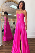 Eye-Catching Hot Pink Strapless Keyhole Pleated A-Line Prom Dress BM bride