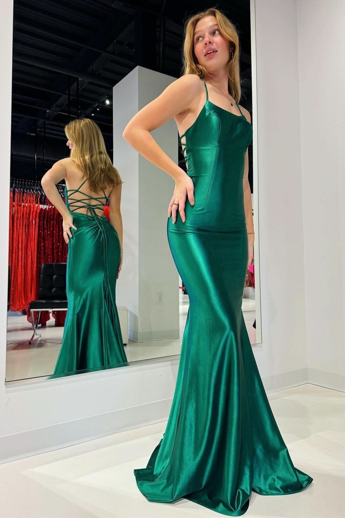 Captivating Emerald Scoop Neck Lace-Up Mermaid Long Prom Gown BM bride