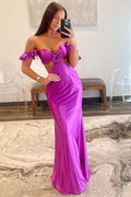 Beautiful Violet Flutter Sleeve Cutout Mermaid Fitted Gown BM bride