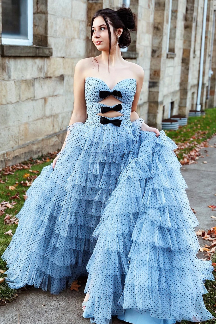 Playful Polka Dot Strapless Ruffle Tiered Prom Gown with Keyholes BM bride