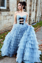 Playful Polka Dot Strapless Ruffle Tiered Prom Gown with Keyholes BM bride