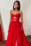 Playful Polka Dot Strapless Ruffle Tiered Prom Gown with Keyholes BM bride
