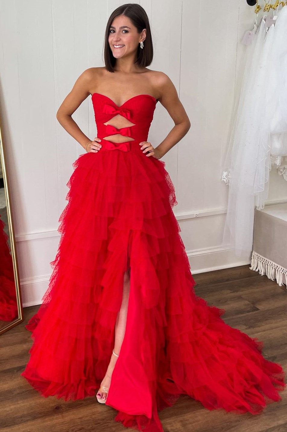 Playful Polka Dot Strapless Ruffle Tiered Prom Gown with Keyholes BM bride