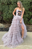 Playful Polka Dot Strapless Ruffle Tiered Prom Gown with Keyholes BM bride