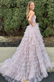 Playful Polka Dot Strapless Ruffle Tiered Prom Gown with Keyholes BM bride