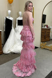 Gorgeous Pink Glitter Appliques Lace-Up Ruffle Tiered Long Dress with Slit BM bride