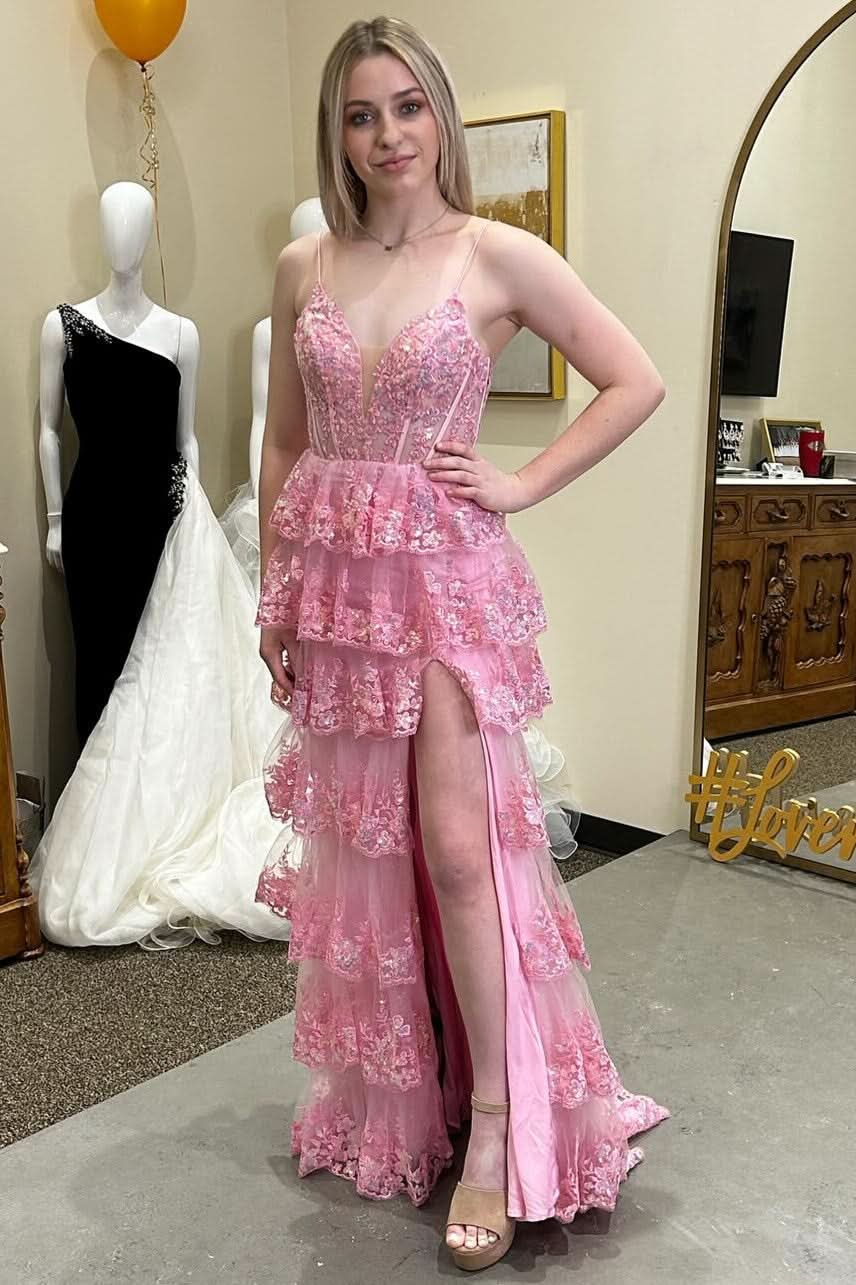 Gorgeous Pink Glitter Appliques Lace-Up Ruffle Tiered Long Dress with Slit BM bride