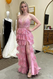 Gorgeous Pink Glitter Appliques Lace-Up Ruffle Tiered Long Dress with Slit BM bride