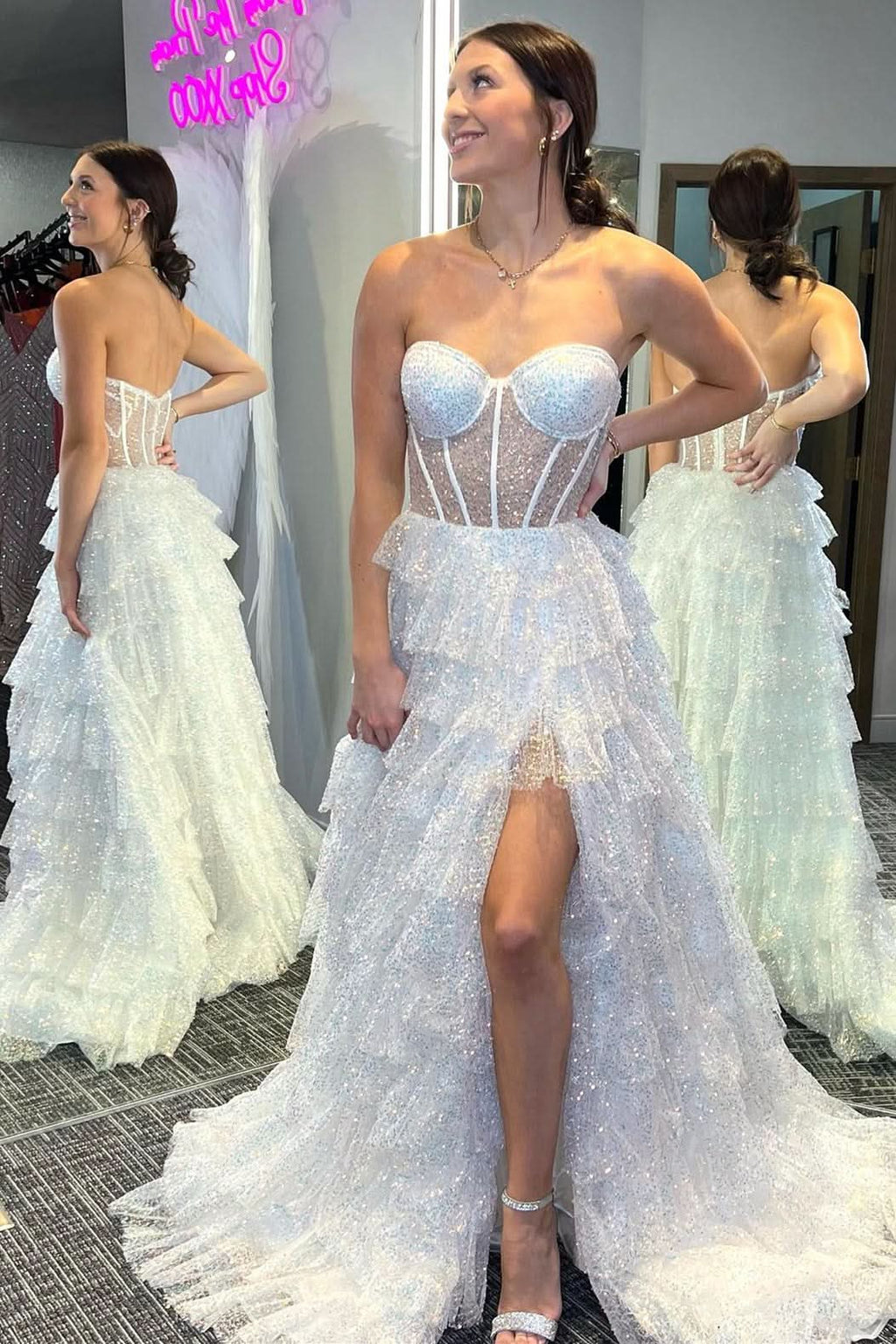 Elegant Glitter Tulle Corset Ruffle Tiered Long Prom Dress with Slit BM bride