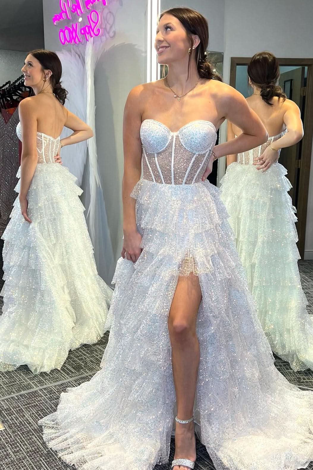 Elegant Glitter Tulle Corset Ruffle Tiered Long Prom Dress with Slit BM bride