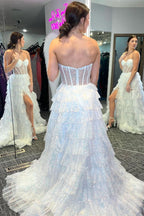 Elegant Glitter Tulle Corset Ruffle Tiered Long Prom Dress with Slit BM bride