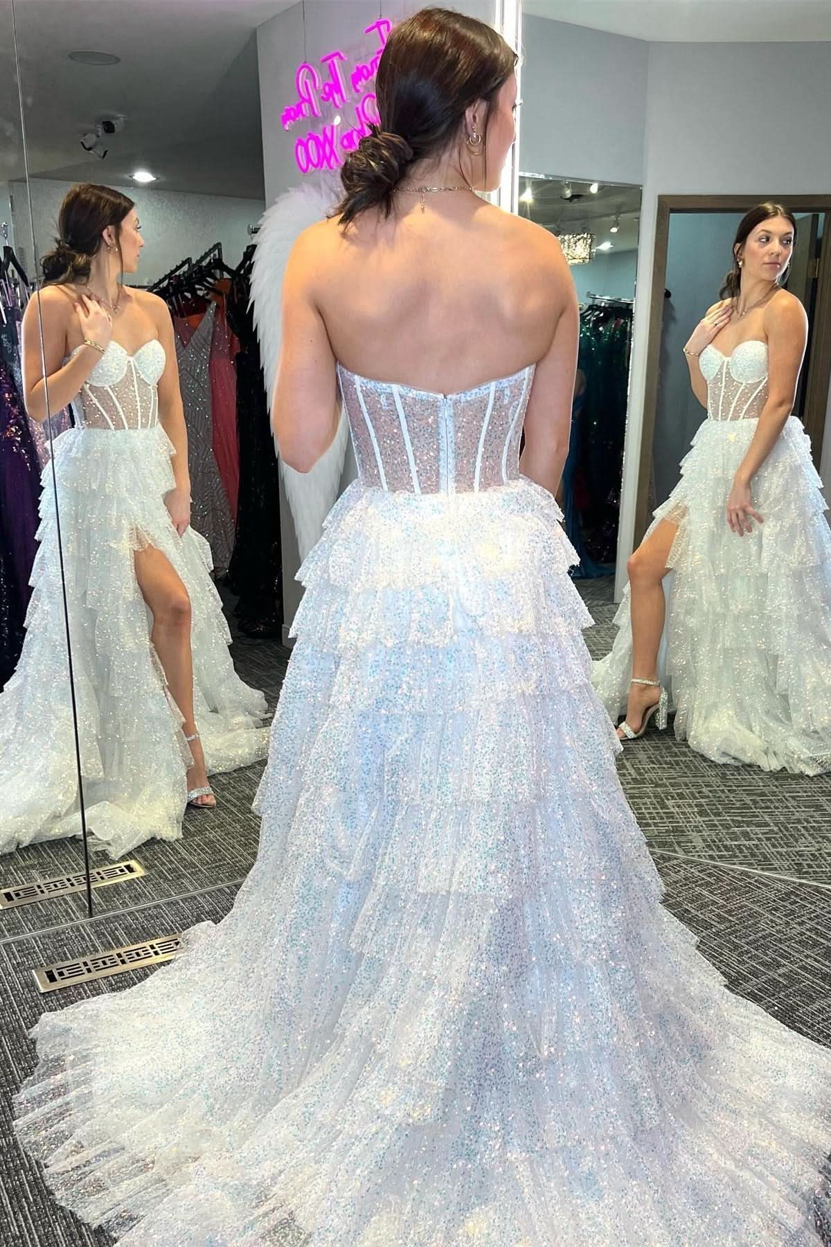 Elegant Glitter Tulle Corset Ruffle Tiered Long Prom Dress with Slit BM bride