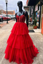 Enchanting Tiered Ruffle Sequin-Embroidery Corset Long Prom Gown BM bride