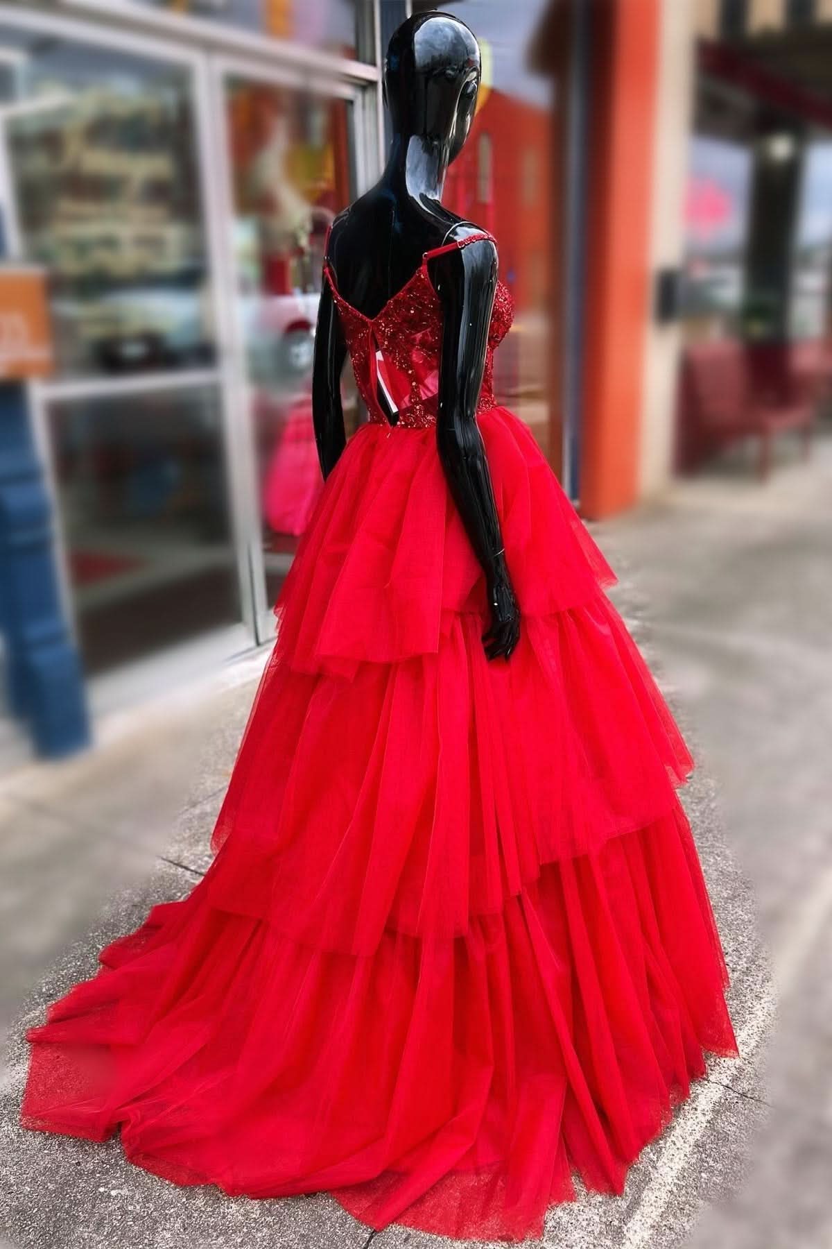 Enchanting Tiered Ruffle Sequin-Embroidery Corset Long Prom Gown BM bride