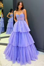 Enchanting Tiered Ruffle Sequin-Embroidery Corset Long Prom Gown BM bride