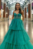 Enchanting Tiered Ruffle Sequin-Embroidery Corset Long Prom Gown BM bride
