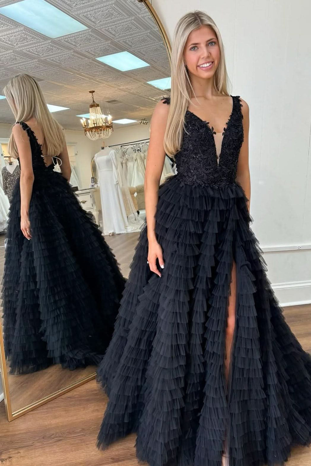 Beautiful Yellow Plunge V Ruffle Tiered Long Prom Dress with Slit BM bride
