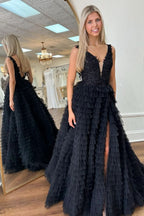 Beautiful Yellow Plunge V Ruffle Tiered Long Prom Dress with Slit BM bride