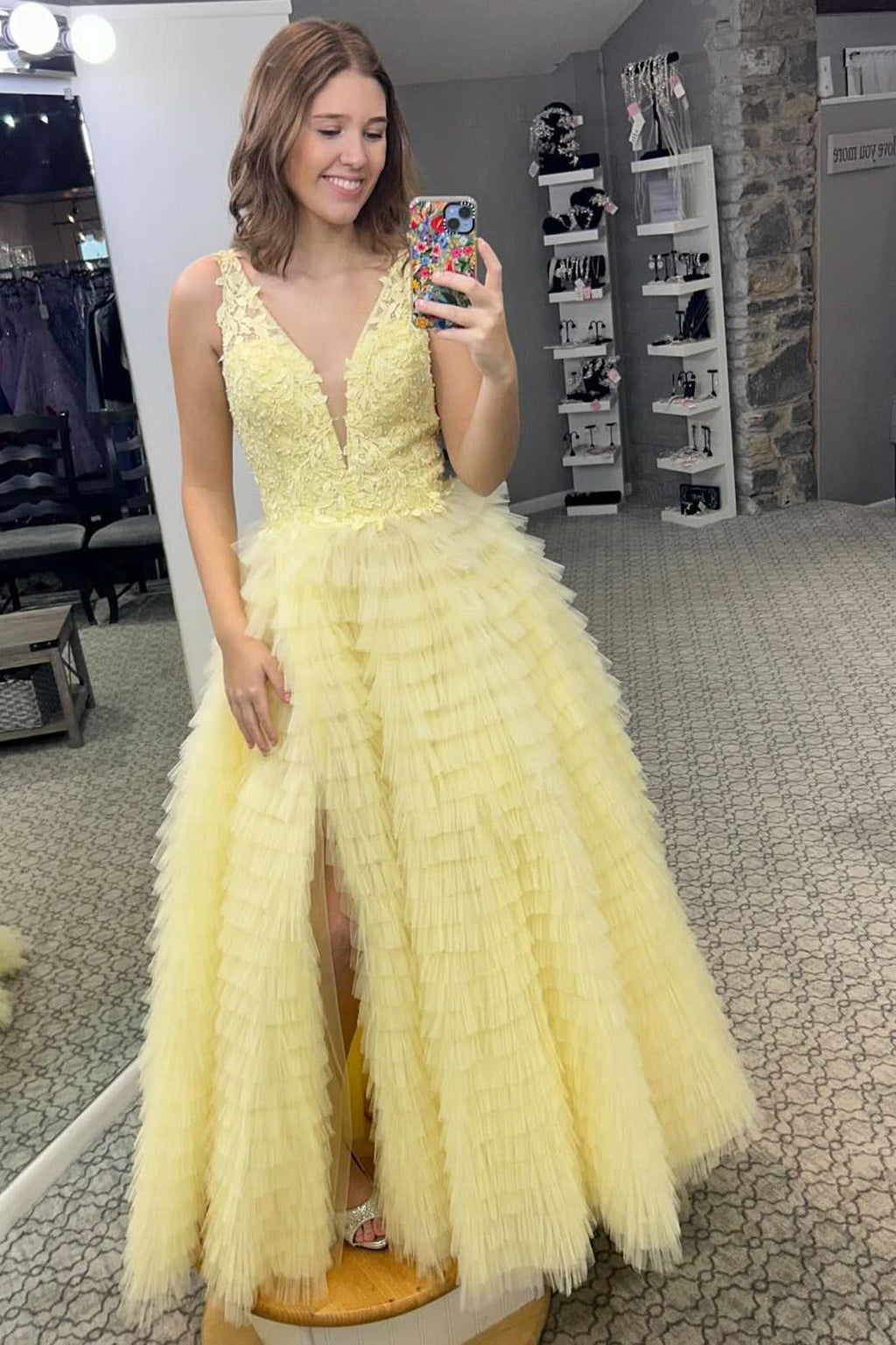 Beautiful Yellow Plunge V Ruffle Tiered Long Prom Dress with Slit BM bride