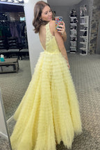 Beautiful Yellow Plunge V Ruffle Tiered Long Prom Dress with Slit BM bride