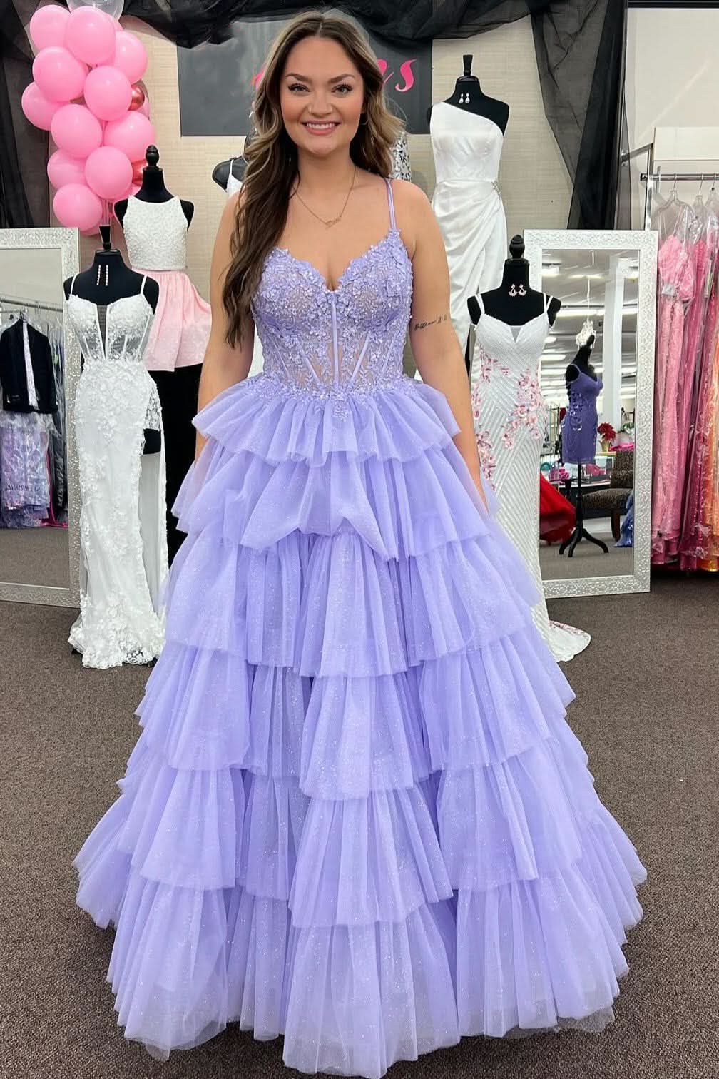 Beautiful Tiered Ruffle Appliques Corset Long Prom Dress with Spaghetti Straps BM bride