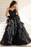 Beautiful Tiered Ruffle Appliques Corset Long Prom Dress with Spaghetti Straps BM bride