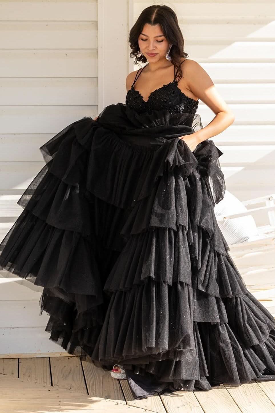 Beautiful Tiered Ruffle Appliques Corset Long Prom Dress with Spaghetti Straps BM bride