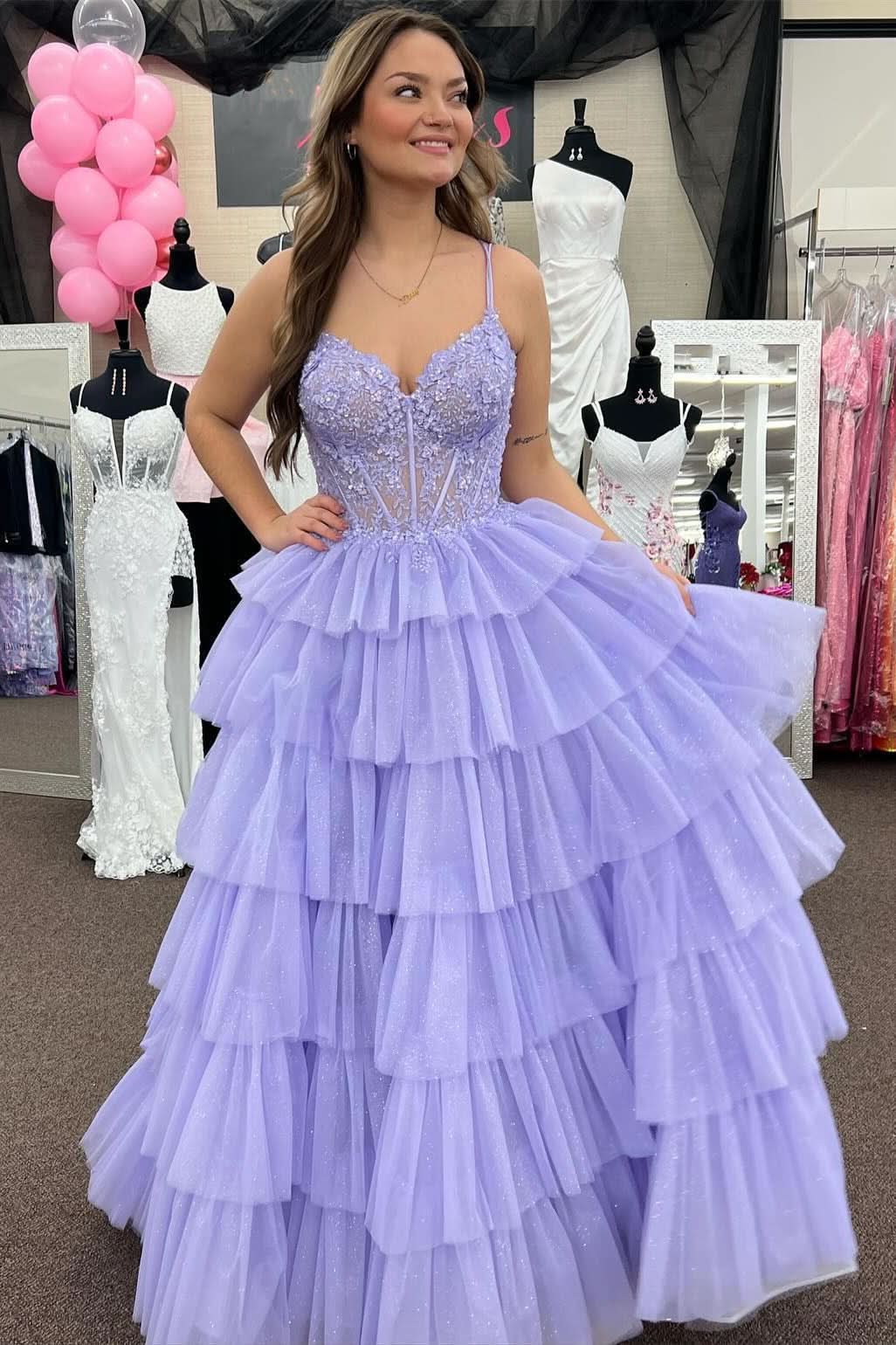 Beautiful Tiered Ruffle Appliques Corset Long Prom Dress with Spaghetti Straps BM bride
