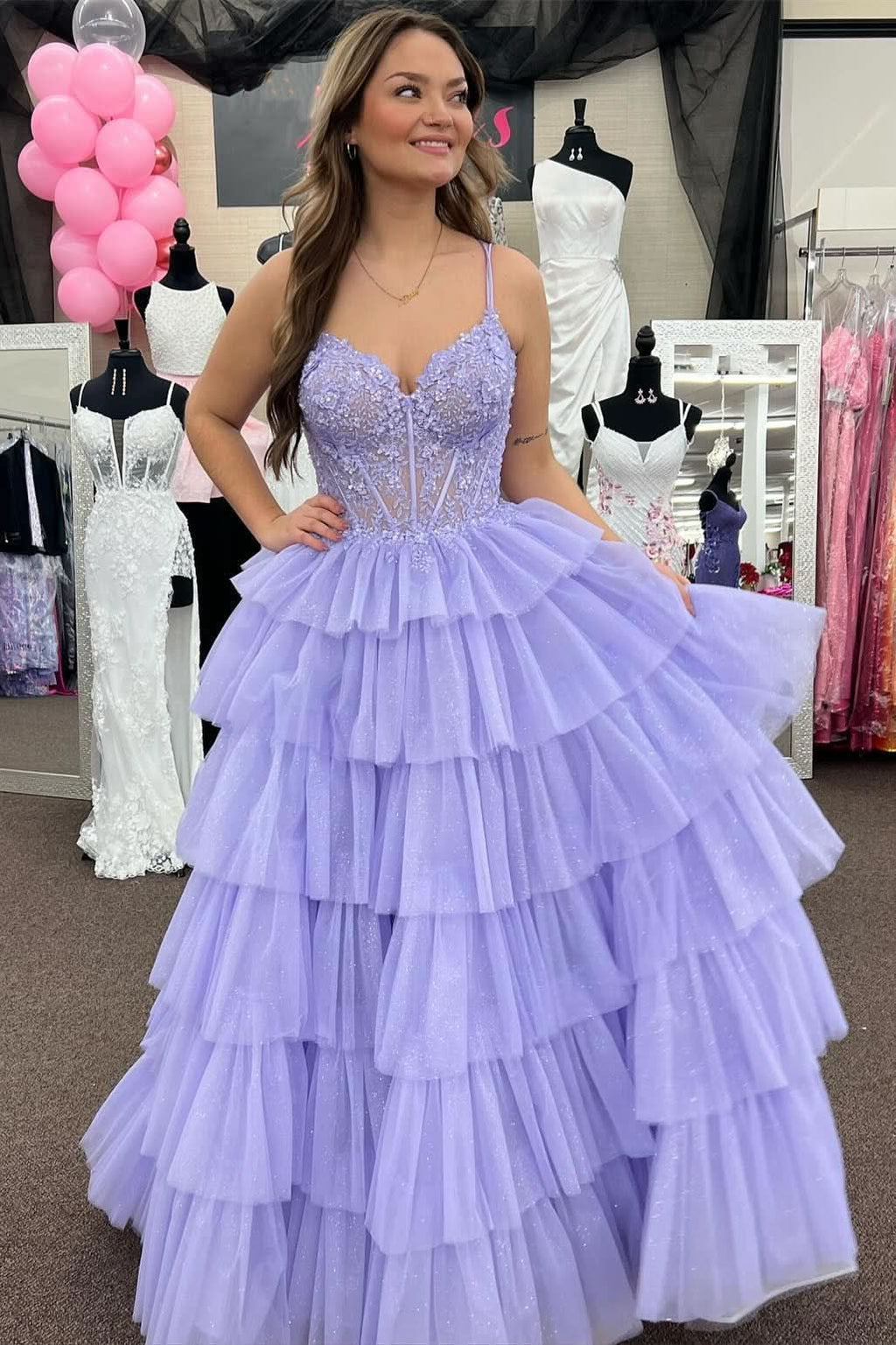 Beautiful Tiered Ruffle Appliques Corset Long Prom Dress with Spaghetti Straps BM bride
