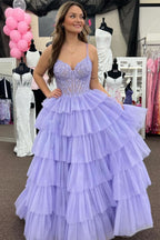 Beautiful Tiered Ruffle Appliques Corset Long Prom Dress with Spaghetti Straps BM bride
