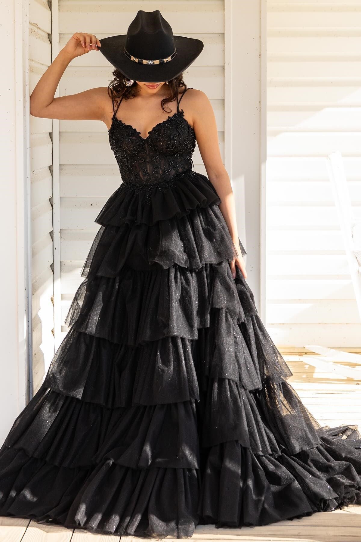 Beautiful Tiered Ruffle Appliques Corset Long Prom Dress with Spaghetti Straps BM bride