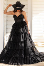 Beautiful Tiered Ruffle Appliques Corset Long Prom Dress with Spaghetti Straps BM bride