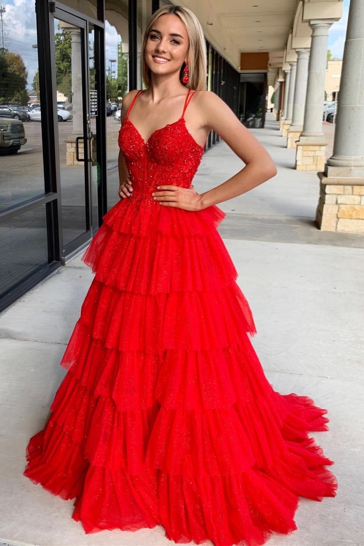 Beautiful Tiered Ruffle Appliques Corset Long Prom Dress with Spaghetti Straps BM bride