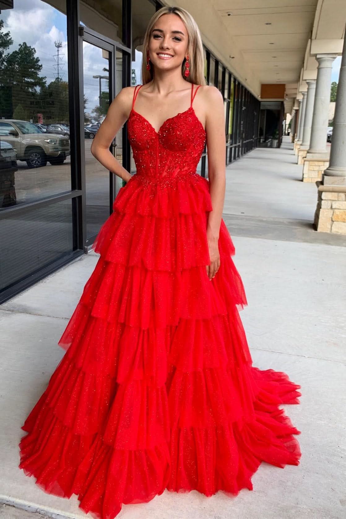 Beautiful Tiered Ruffle Appliques Corset Long Prom Dress with Spaghetti Straps BM bride