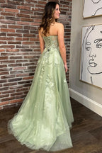 Elegant Sage Green Sweetheart Lace-Up Long Prom Dress with 3D Floral Lace BM bride