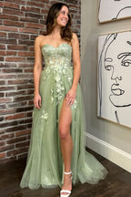 Elegant Sage Green Sweetheart Lace-Up Long Prom Dress with 3D Floral Lace BM bride