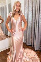 Alluring Rosette Plunge V Backless Mermaid Long Gown BM bride