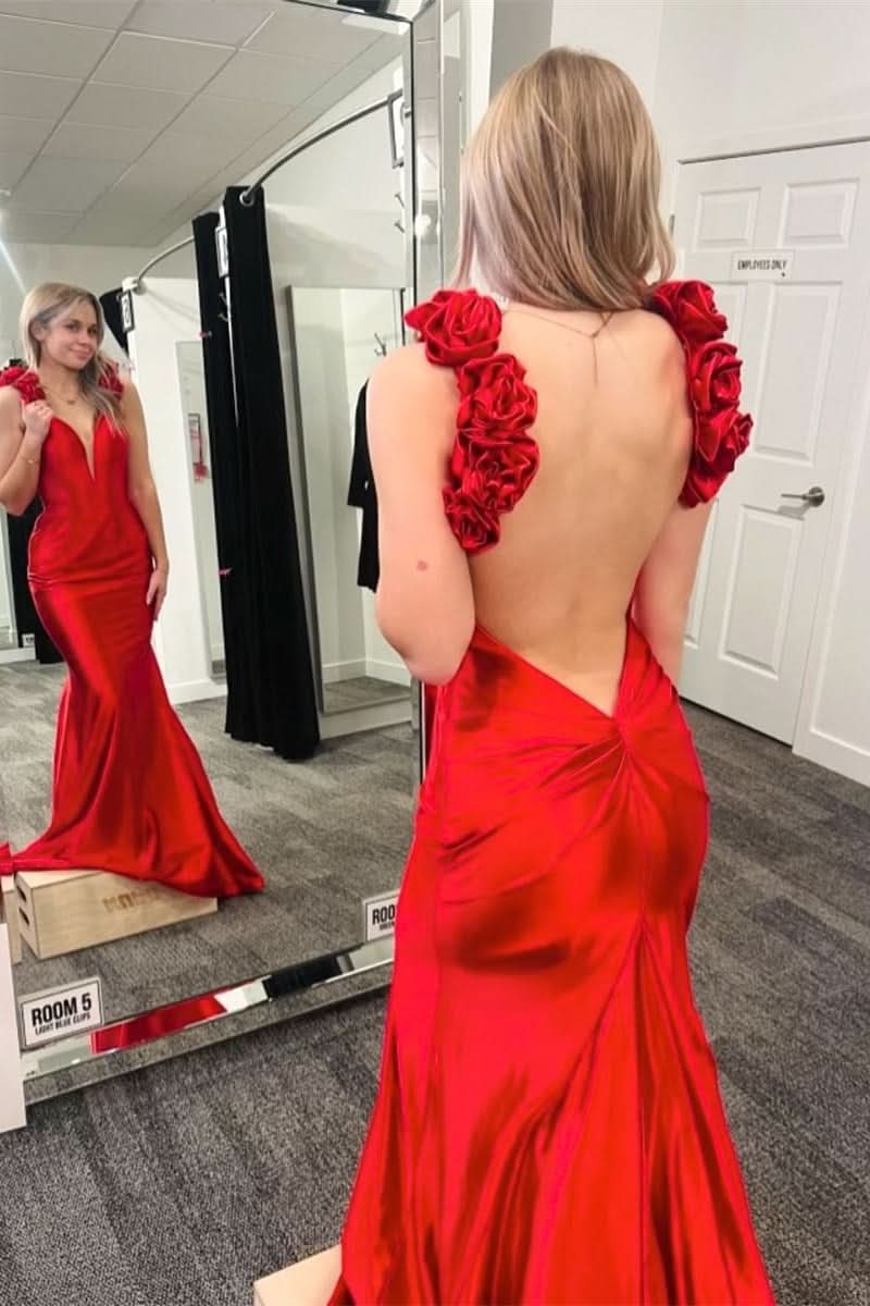 Alluring Rosette Plunge V Backless Mermaid Long Gown BM bride