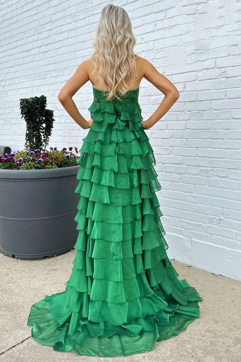 Stylish Strapless High-Waist Ruffle Tiered Long Prom Dress with Bow BM bride