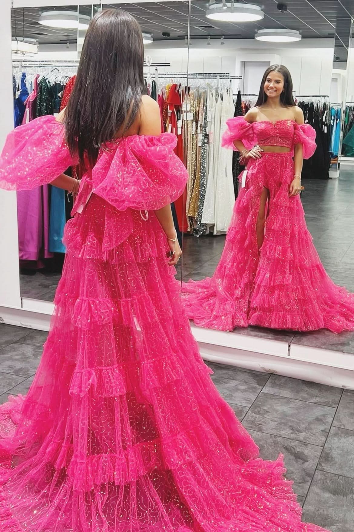 Captivating Two-Piece Puff Sleeve Ruffle Glitter Tulle Prom Dress with Slit BM bride