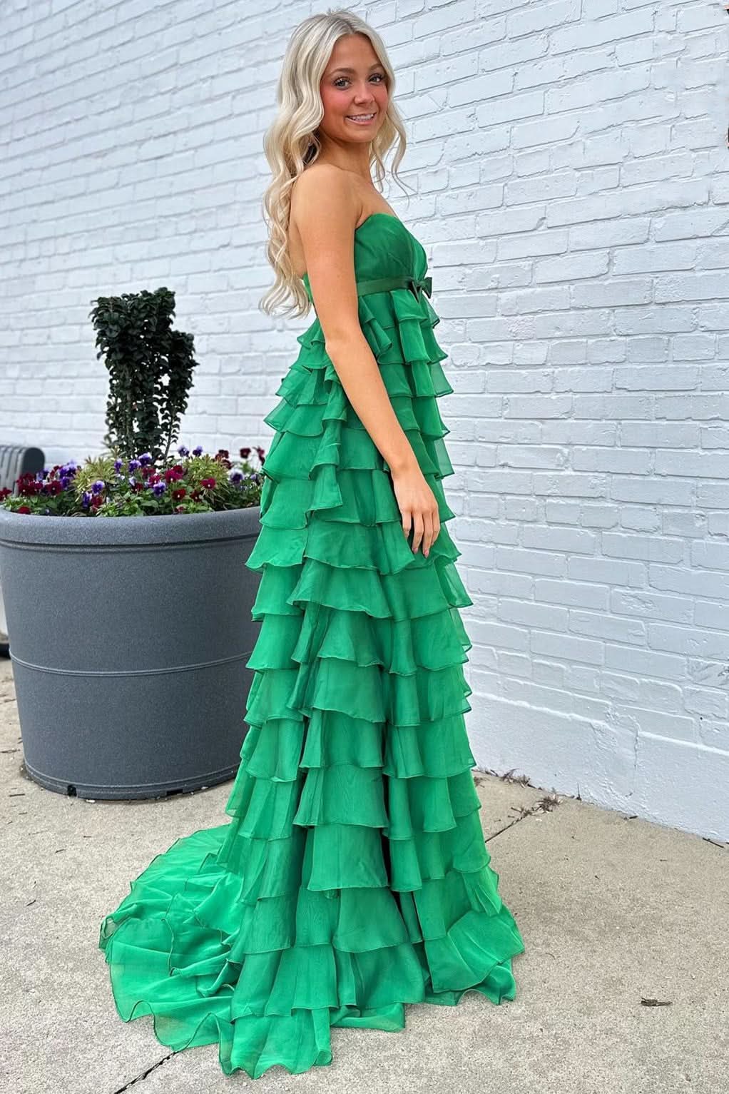 Stylish Strapless High-Waist Ruffle Tiered Long Prom Dress with Bow BM bride