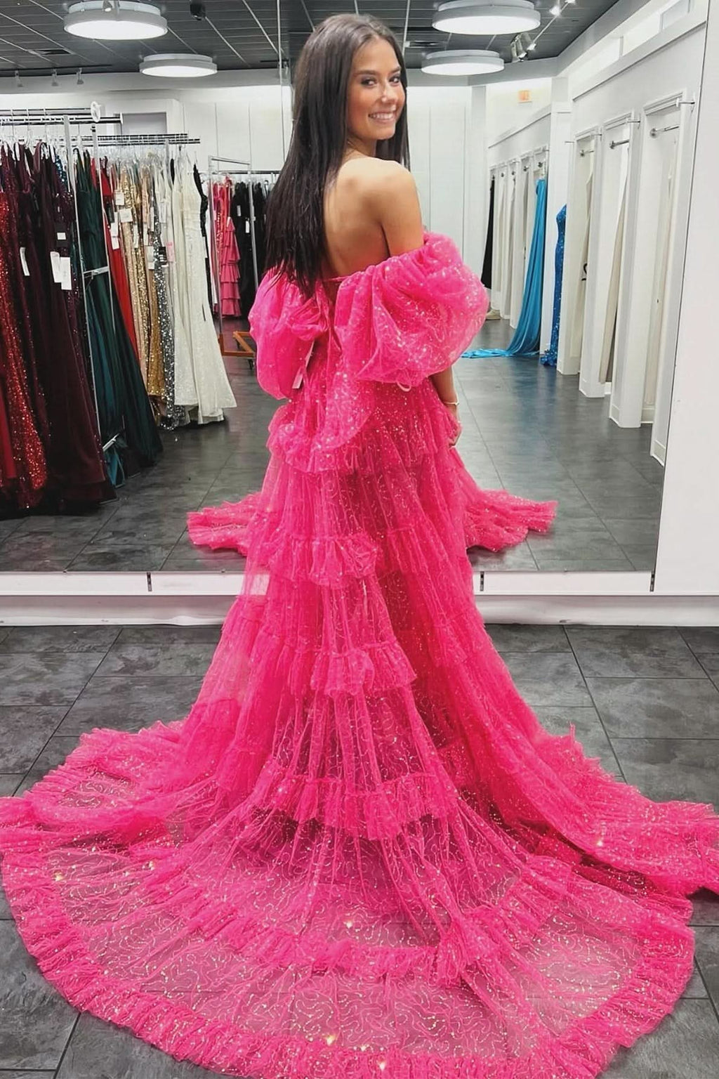 Captivating Two-Piece Puff Sleeve Ruffle Glitter Tulle Prom Dress with Slit BM bride
