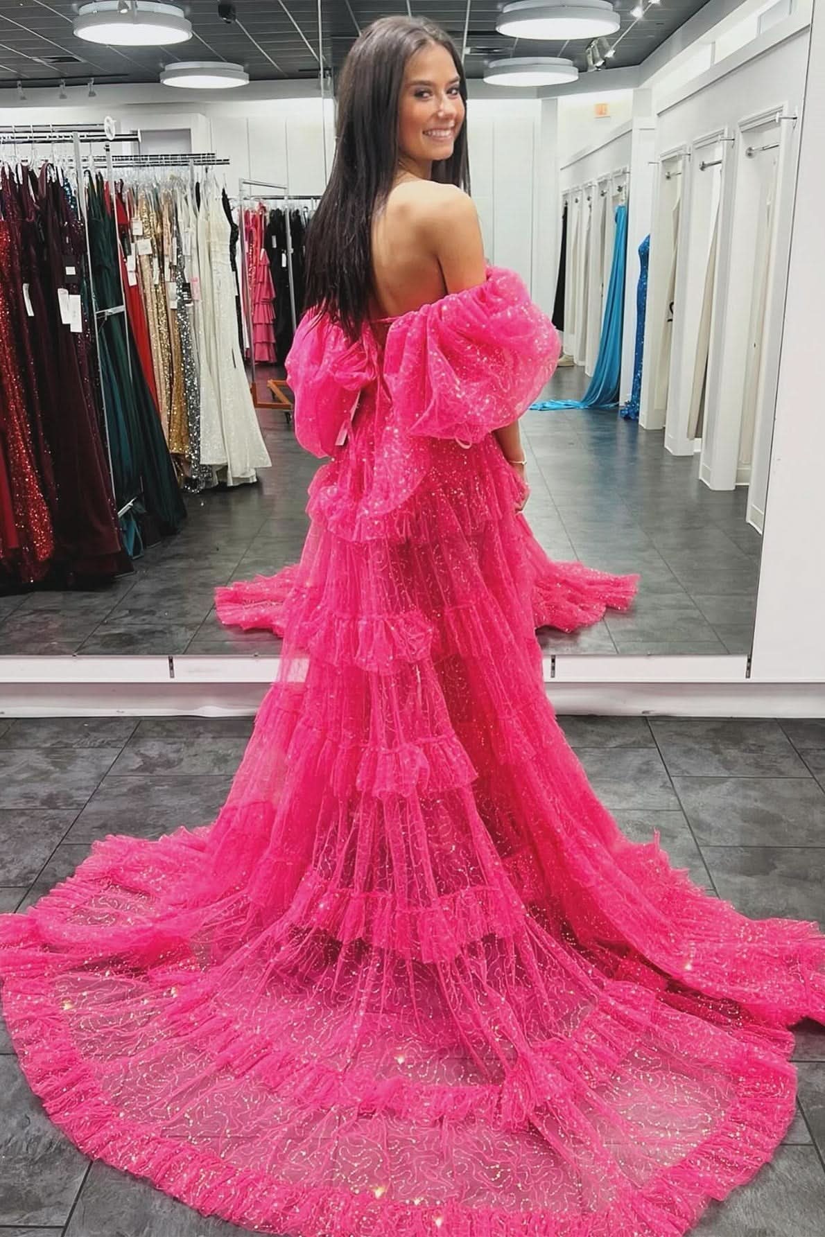 Captivating Two-Piece Puff Sleeve Ruffle Glitter Tulle Prom Dress with Slit BM bride
