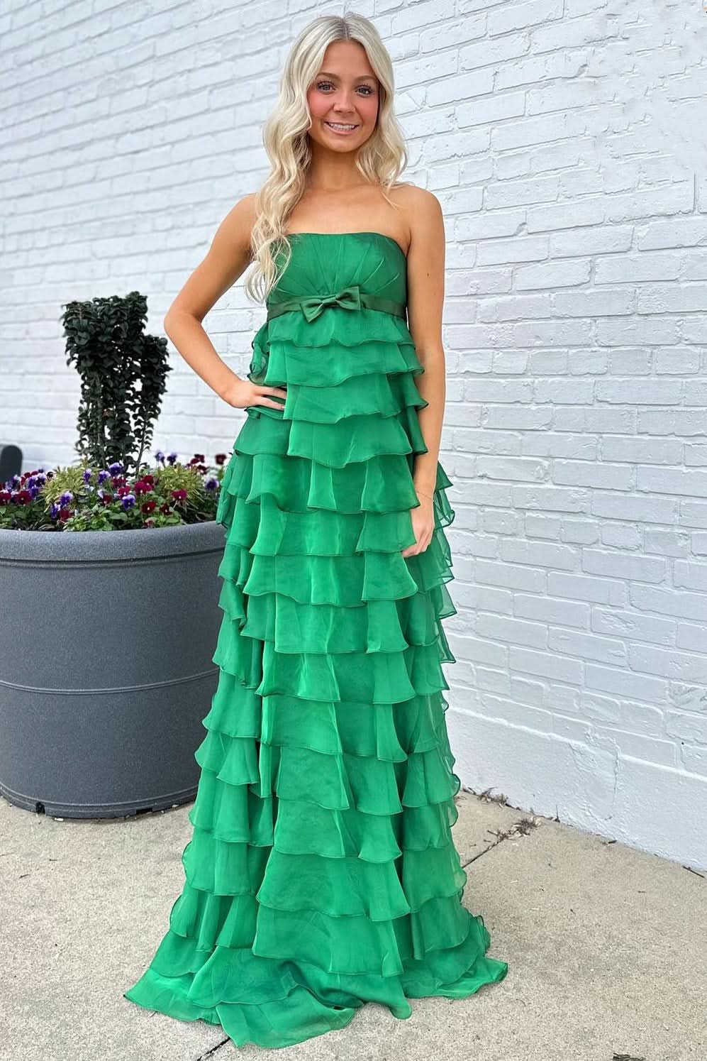Stylish Strapless High-Waist Ruffle Tiered Long Prom Dress with Bow BM bride